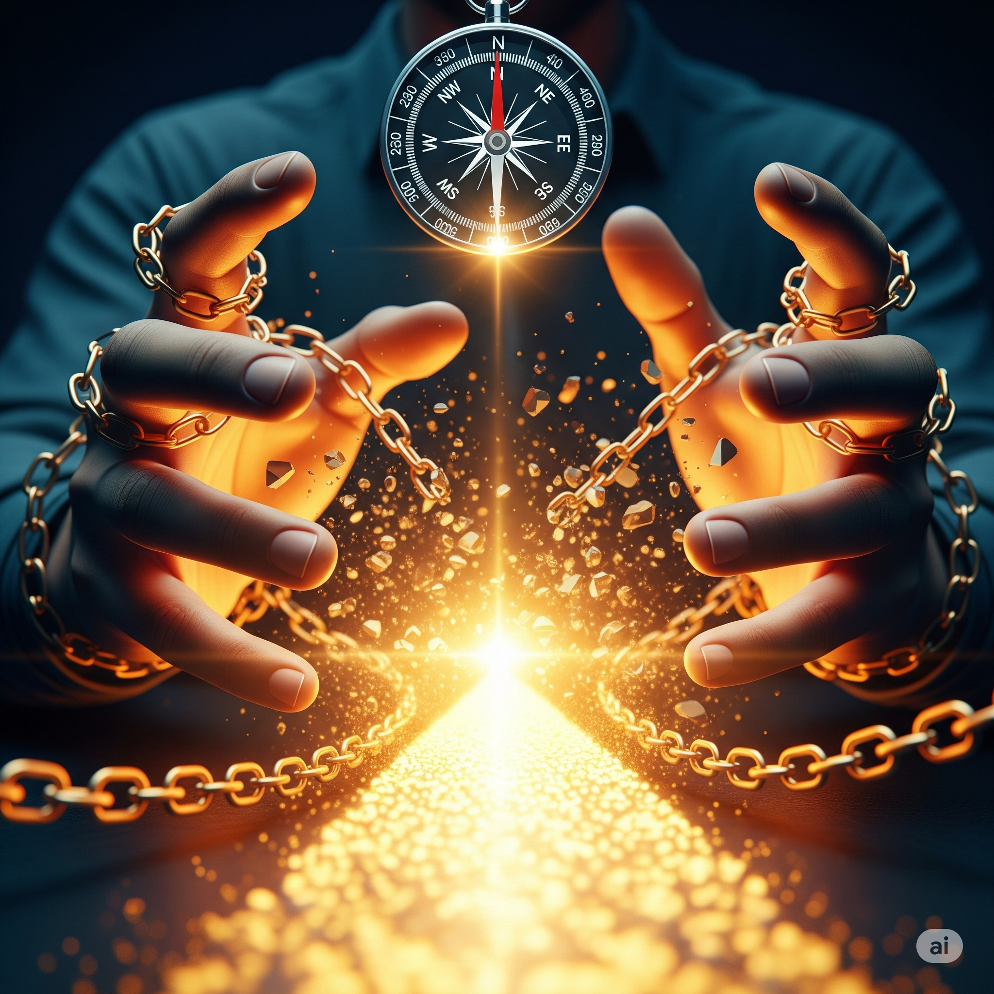 Mãos quebrando correntes, simbolizando liberdade financeira